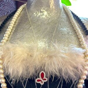 048 N Red Butterfly Pendant Necklace With Crystals